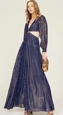 Delfi Collective Blue Cutout Waist Maxi Dress  Silk Balloon Sleeves MSRP $648 - Image 1 of 4