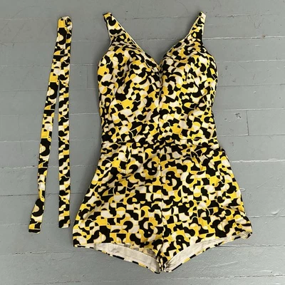 1950s Mcm Femmes Baignade Costume Fabriqué En Hawaii Imprimé Léopard W/Ceinture - Photo 1/4