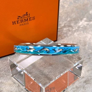 Vintage Hermes Emaille Armreif Armband blau Emaille Delfin Silberrand 65 mit Box - Bild 1 von 13