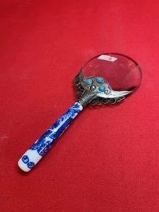 Lente d'ingrandimento vintage porcellana stile cantone manico drago gemme turchesi - Foto 1 di 14