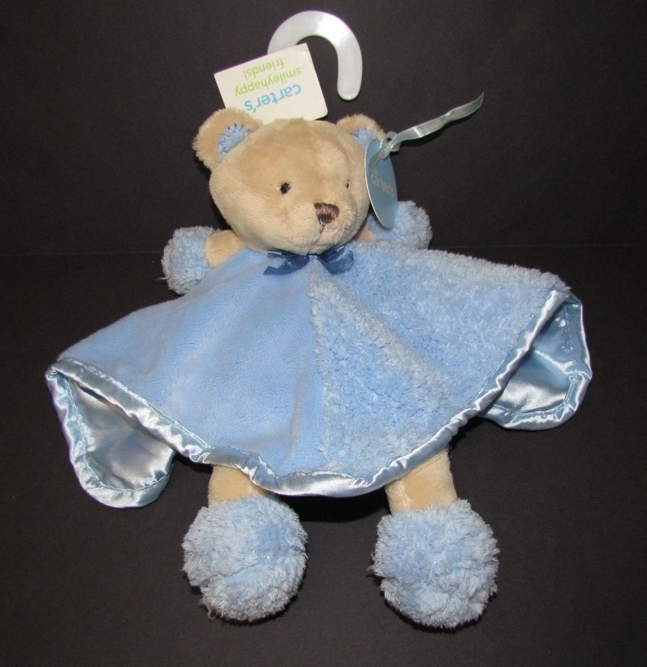 SECURITY BLANKET Carters OS Blue Tan Brown Teddy Bear Lovey Plush Snuggle Soft