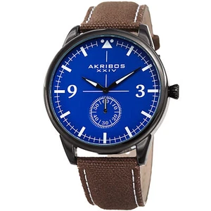Men's Akribos XXIV AK938BR Small Seconds Genuine Leather and Canvas Strap Watch - Picture 1 of 4