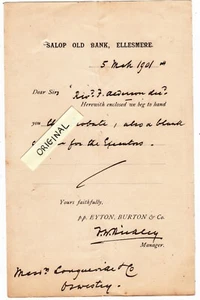 ELLESMERE SHROPSHIRE CARTA VINTAGE 1901 SALOP BANCO ANTIGUO (PRIVADO) EYTON BURTON. - Imagen 1 de 1