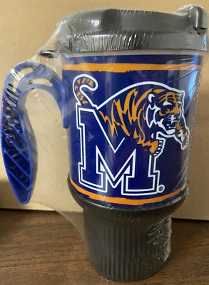 Memphis Tigers 18 oz Plastic Tumbler with Black Lid ,Blue Handle - Image 1 of 3