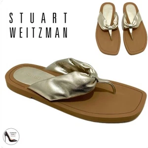 Stuart Weitzman Gold Metallic Cassie Round Toe Slip On Leather Flip Flop Sandals - Picture 1 of 9