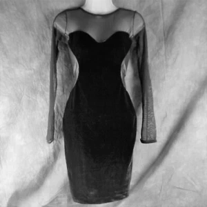 Dress The Population Black Velvet Sheer Decolletage & Longsleeve Dress XS   S1E1 - Picture 1 of 4