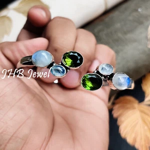 Rainbow Moonstone & Peridot Cut Gemstone 925 Sterling Silver Antique Bangle Cuff - Picture 1 of 6