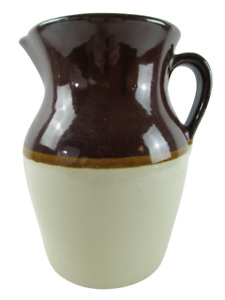 Vintage Large Brown And Beige Stoneware Pitcher Made In USA 10" Tall Pottery 