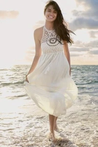 Venus Crochet White Maxi Halter Dress XSmall Boho Tassel Cruise Vacation Beach - Picture 1 of 14