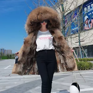 Cappotto Cappuccio Donna Vera Pelliccia di Procione Fodera Coniglio Giacca Lunga Finitura Pelliccia Cappotto - Foto 1 di 41