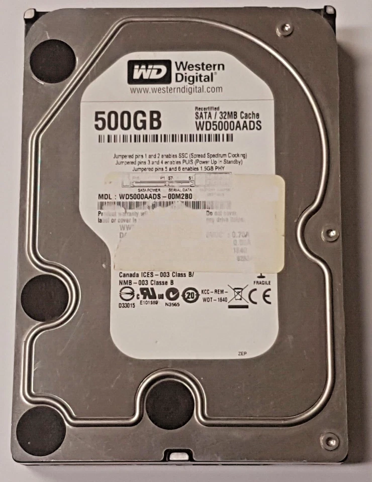 500 GB SATA Western Digital WD5000AADS-00M2B0 5400rpm 3.5 " HDD Recertified - Image 1 of 1
