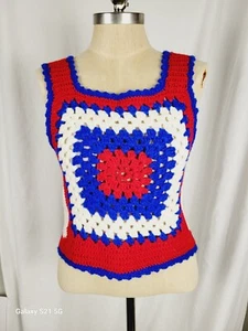 Hand Crochet Vest Tank Top S/M Red Blue White Knit Granny Square Vtg Boho - Picture 1 of 3