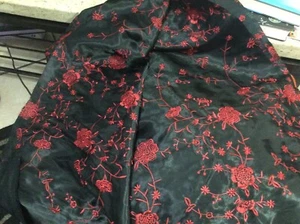 Black Red Floral Poly/Satin Crafts Apparel Fabric 2 Yards Floral Material Embroi - Picture 1 of 5
