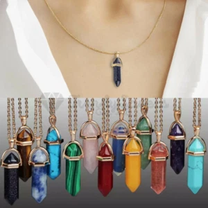 18K Gold Plated Hexagonal Column Quartz Stone Bullet Pendant Long Chain Necklace - Picture 1 of 77