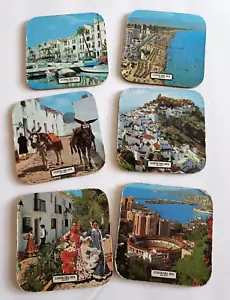 Vintage 6 Souvenir Photo Coasters Cork Backed Costa Del Sol Malaga Spain 60's - Picture 1 of 8