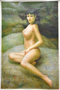 Henry Wang ORIGINAL OIL PAINTING Cheesecake Pinup Good Girl Art Big 39" Nude GGA - Picture 1 of 3