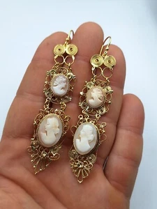 Orecchini  cammeo conchiglia stile Vittoriano Argento 925 Oro 18 Kt Cameo  - Foto 1 di 5