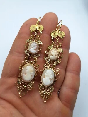 Orecchini  cammeo conchiglia stile Vittoriano Argento 925 Oro 18 Kt Cameo  - Immagine 1 di 4