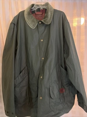 Abrigo de Cera WOOLRICH De Colección Años 80 Lluvia Brillante Verde Oliva Chaqueta de Campo Talla XL Foto 1 de 4