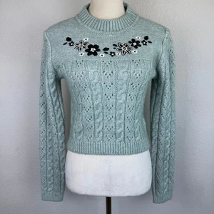 Forever 21 Floral Embroidered Cable Knit Cropped Sweater Womens Blue/Green - Picture 1 of 7