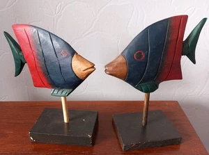Paar große alte schwimmende Fische Volkskunst aus Holz handgeschnitzt & bemalt - Bild 1 von 13
