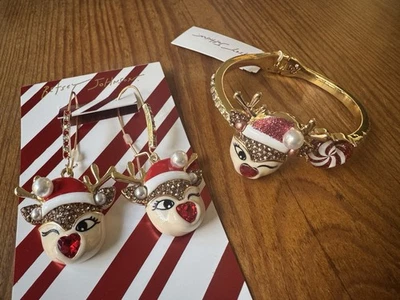 NWT Betsey Johnson Winking Reindeer Bangle Bracelet & Drop Earring Set - Image 1 of 2