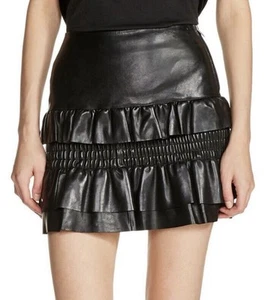 MAJE Leather Mini Skirt Black Jupia Ruffle Embellishment $595 Sz 38 Auth - Picture 1 of 5
