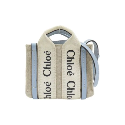 Chloe Mini Woody Tote Shoulder Bag White Blue Linen Leather - Image 1 of 4