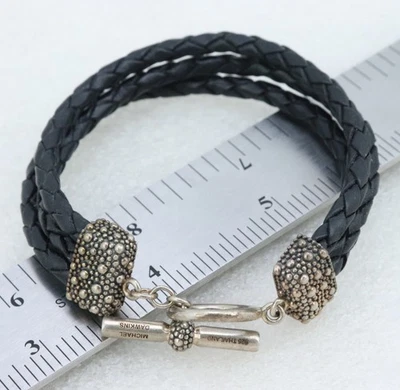 Vintage 925 Sterling Silver Michael Dawkins Starry Night Black Leather Bracelet - Image 1 of 4