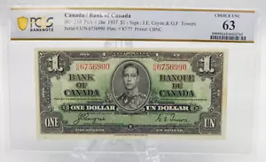 PCGS Graded 1937 $1 Bank of Canada Note ONE DOLLAR BC-21d AUSWAHL UNC 63 (BT405) - Bild 1 von 4