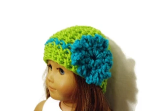 Crochet Hat Fits American Girl Dolls 18" Doll Clothes Green w/ Turquoise Flower - Picture 1 of 3