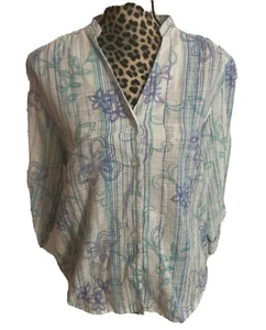 Alfred Dunner Blouse Women's Medium 14 Floral Crochet 3/4 Sleeve Green Striped - Picture 1 of 5