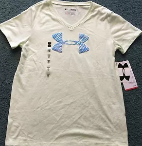 NWT Under Armour M Girls Light Green/Light Blue Big Logo Heat Gear Shirt YMD - Picture 1 of 2
