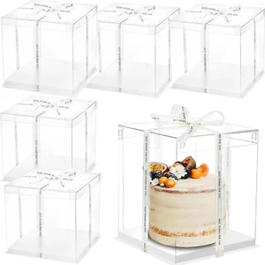 6 Pack Clear Cake Box 2-Layer Transparent Cake Box Ribbon 10" X 10" X 9" Tall - Picture 1 of 1