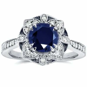 1.50CT Highly Polished Round-cut Sapphire and CZ Women's Engagement Silver Ring - Picture 1 of 7