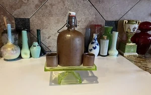 Antique Stoneware Jug Half Liter Crock Flip Top Wire Bail And Matching Cups Folk - Picture 1 of 12