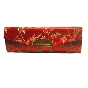 Estuche de lápiz labial satinado rojo dorado floral YIK hongo cierre a presión espejo cartera retro - Imagen 1 de 11