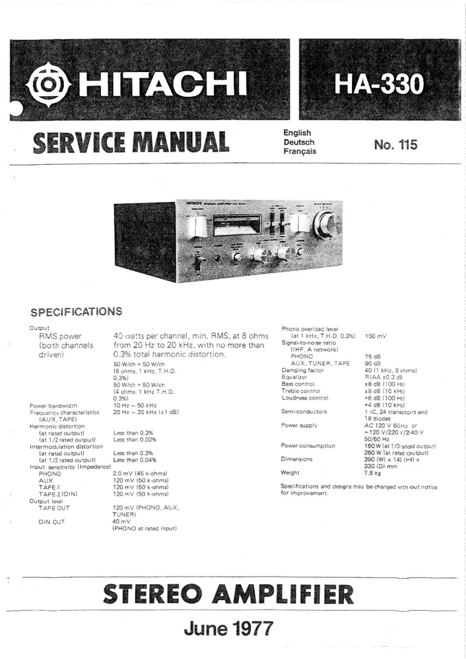 Manuale Di Servizio Per Hitachi HA-330 - Immagine 1 di 1