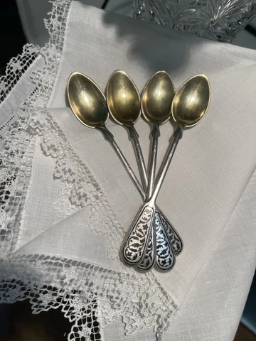A set of 4 Teaspoons made of Beautiful and Unique Blackened Silver with Gilding Cover