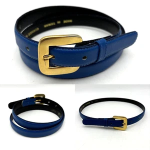Vintage 80s Sheka Cobalt Blue Cowhide Leather Skinny Waist Belt Size S 25-29" - Picture 1 of 15