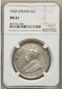 STRAITS SETTLEMENTS , 1 DOLLAR $1 1920 KING GEORGE V -  NGC MS 61 ( SL ) , RARE - Picture 1 of 2
