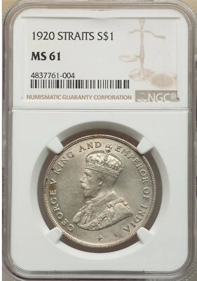 STRAITS SETTLEMENTS , 1 DOLLAR $1 1920 KING GEORGE V -  NGC MS 61 ( SL ) , RARE - Image 1 of 2