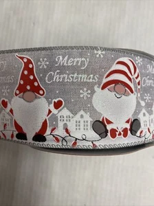 Gnome Fabric WiredRibbon 40 Feet 2 1/2” Wide Crafts Winter Christmas Craft - Picture 1 of 5