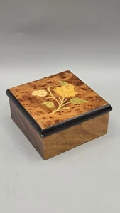 VTG Italian Wood Box  Inlaid Florals 3.5", A Couple Chips, Dark Red  Lining - Picture 1 of 6