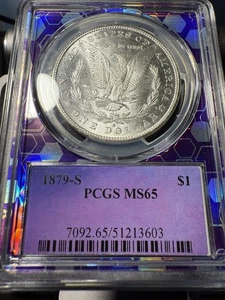 1879-S Morgan Silver Dollar MS65 PCGS – Purple Core Traderbea Holder – Beautiful - Picture 1 of 4