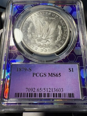 1879-S Morgan Silver Dollar MS65 PCGS – Purple Core Traderbea Holder – Beautiful - Image 1 of 4