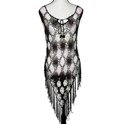 Say What? Poncho Top Flecos Crochet Talla Única 100% Boho Hippie Retro Superposición Foto 1 de 4