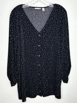 Camisa Susan Graver Mujer 2X Negra Blanca Lunares Botón Frontal Tejido Líquido Top Foto 1 de 4