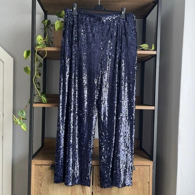 M&S Sequin Trousers 18 Reg Blue Wide Leg Pockets New without Tags - Image 1 of 4