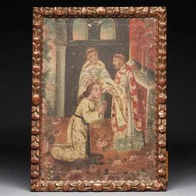 18thC. Spanish Colonial Mexican Folk Art Retablo Christian Religious Painting - Image 1 of 4